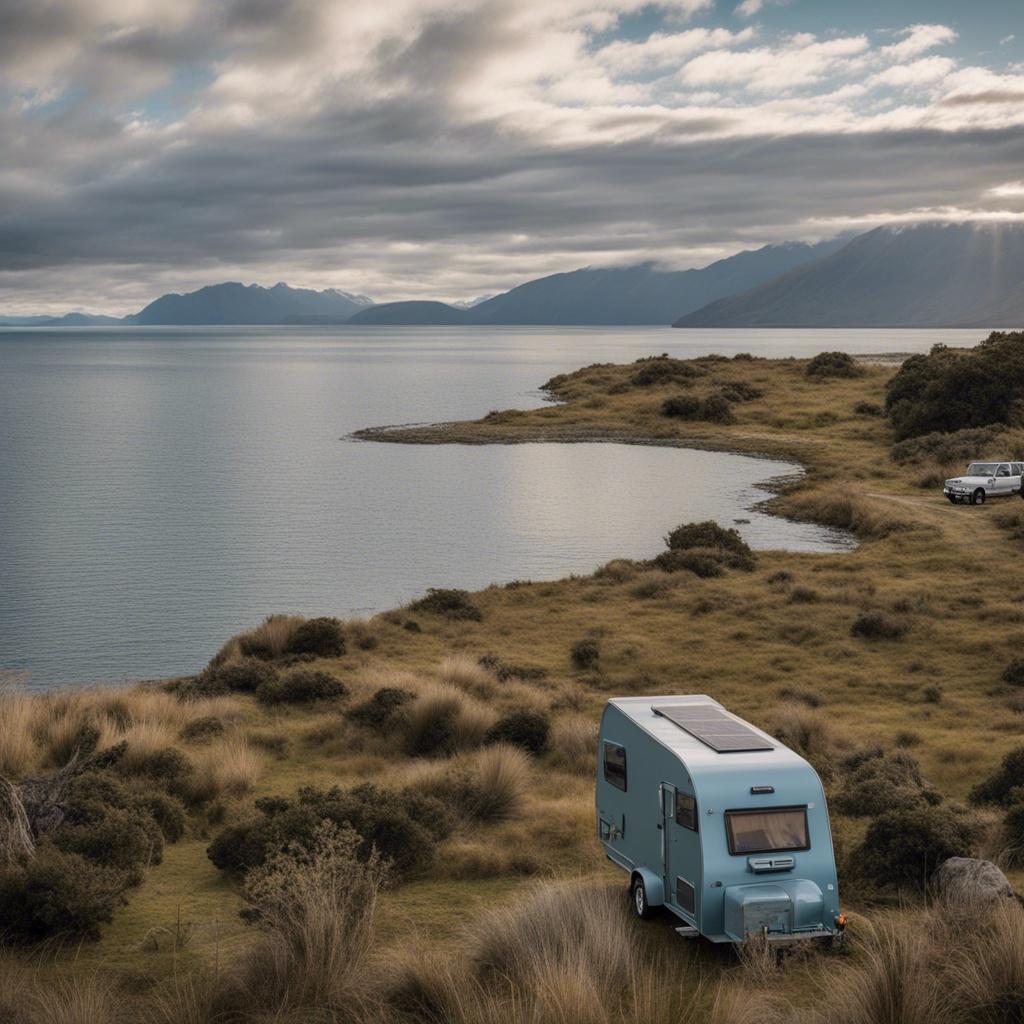 Caravan with solar panels by a New Zealand lake