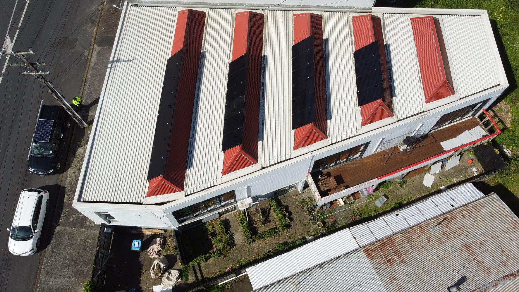 Aerial view of rooftop solar installation